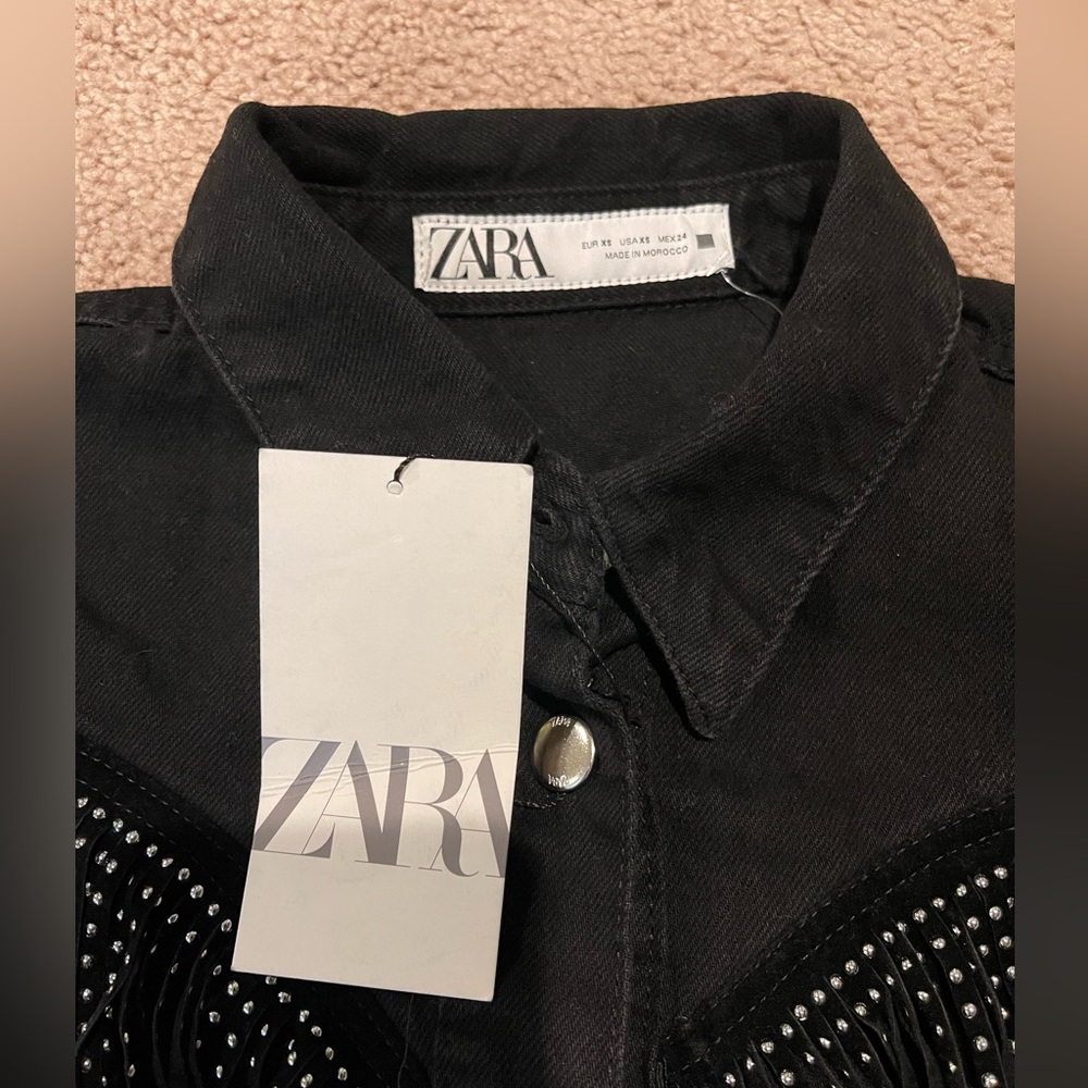ZARA Studded Fringe Western Vibes Black Button-Down Denim  Jacket - Picture 3 of 10